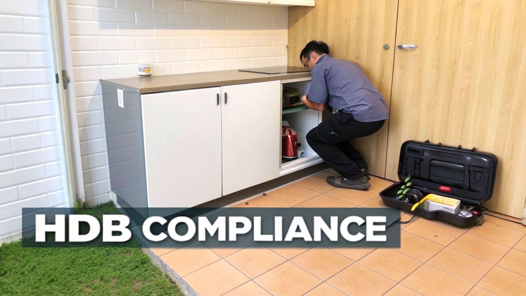 Man inspecting kitchen storage cabinets in a Singapore HDB apartment, ensuring compliance with regulations.