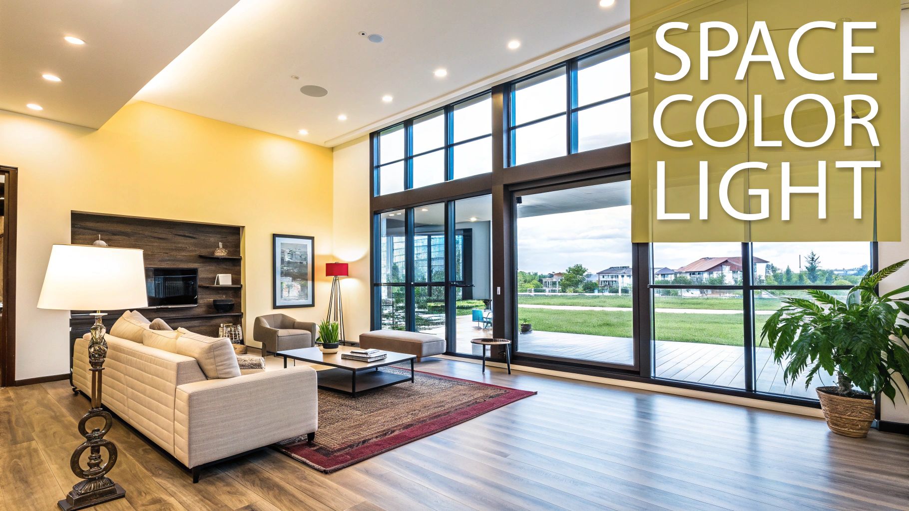 Bright modern living room with large windows, cream sofa, wood accents, and a view of green landscape.