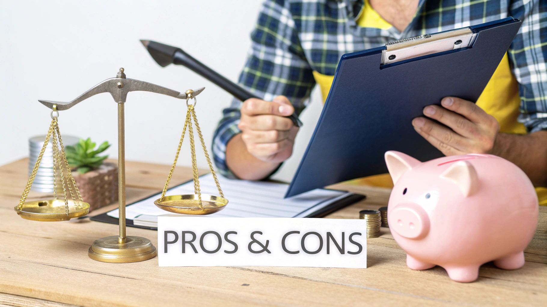 A person holds a clipboard, evaluating financial pros and cons with a scale and piggy bank.