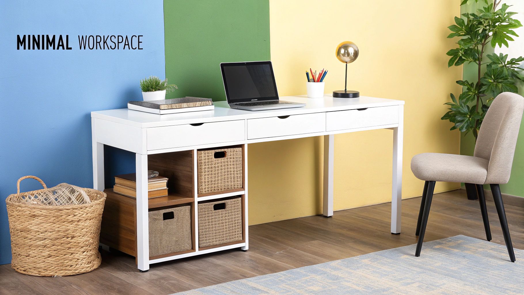 A minimalist home office workspace featuring a white desk, laptop, plant, and storage baskets.