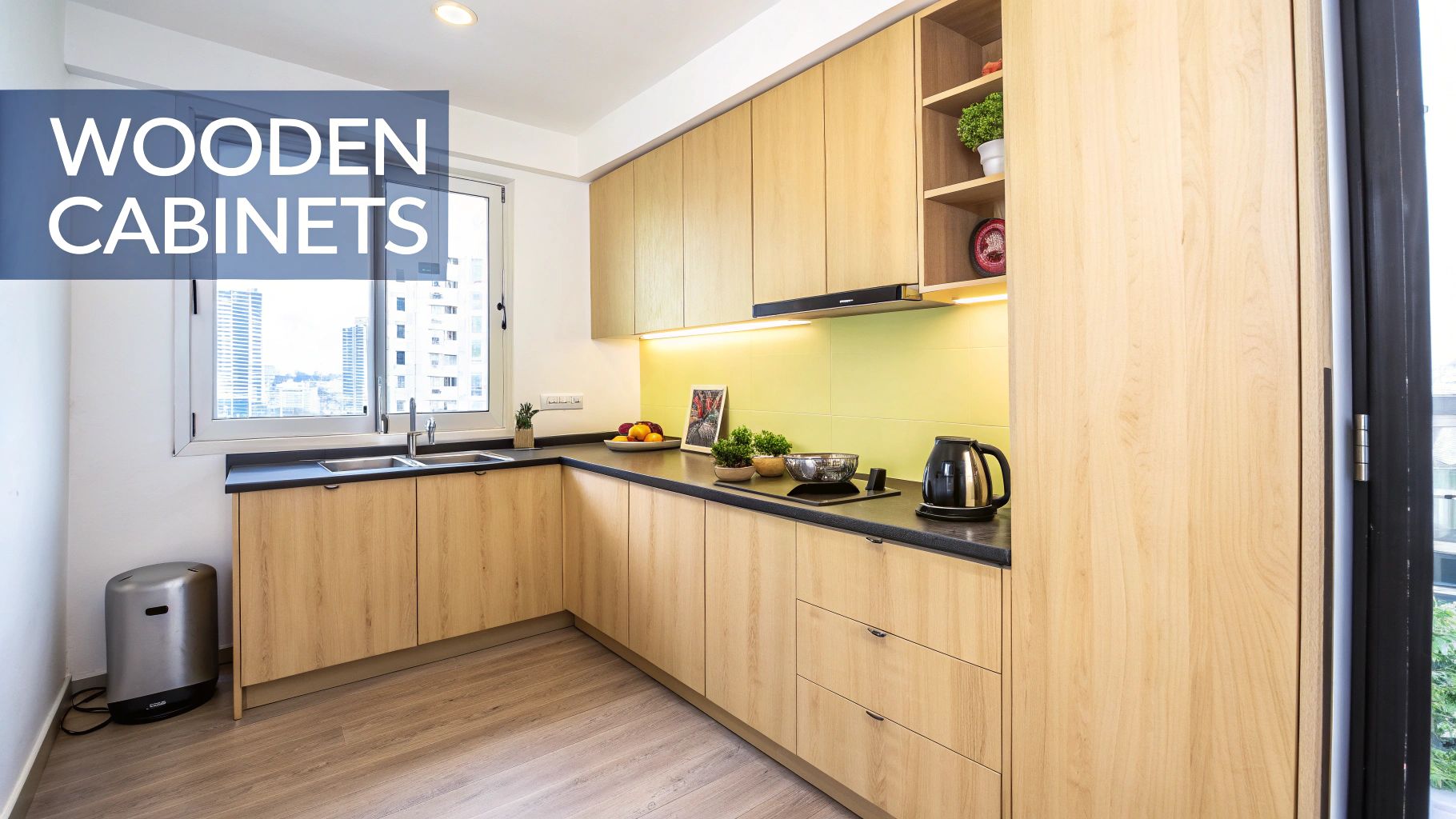 A bright, modern kitchen featuring light wooden cabinets, dark countertops, and a vibrant green tiled backsplash.