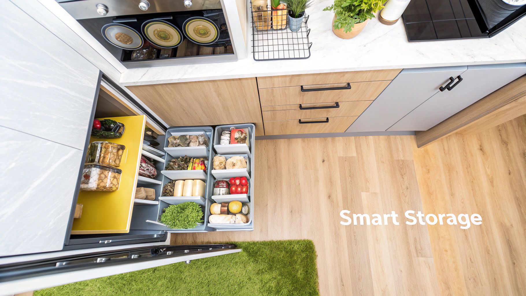 A beautifully organised kitchen with open shelving and clever storage solutions, showcasing an efficient layout.
