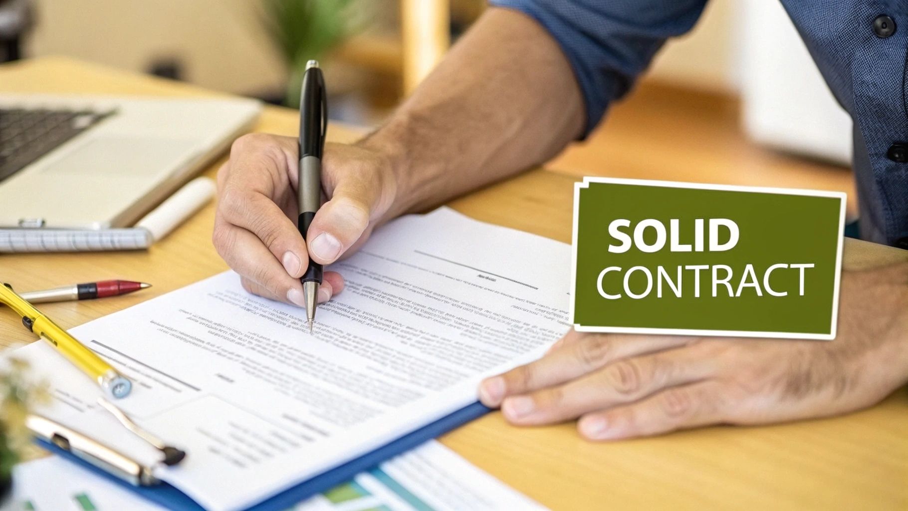 A person's hand is signing a document on a desk, with a 'SOLID CONTRACT' graphic overlay.