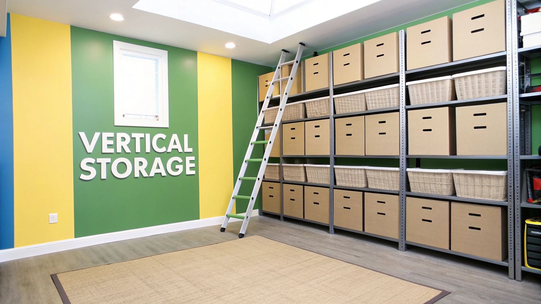 A bright room with a tall vertical storage shelving unit, filled with boxes and baskets.