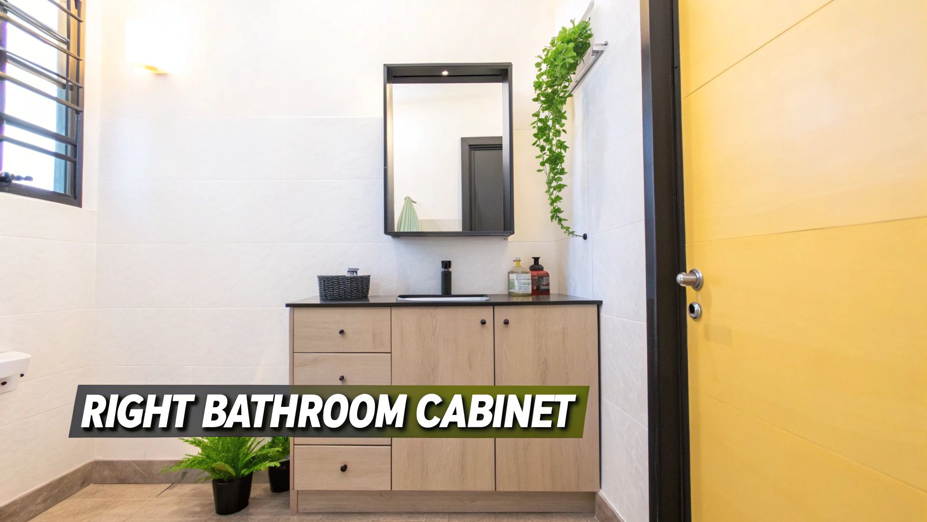 Modern light wood bathroom vanity cabinet with black countertop, mirror, and yellow door in Singapore home