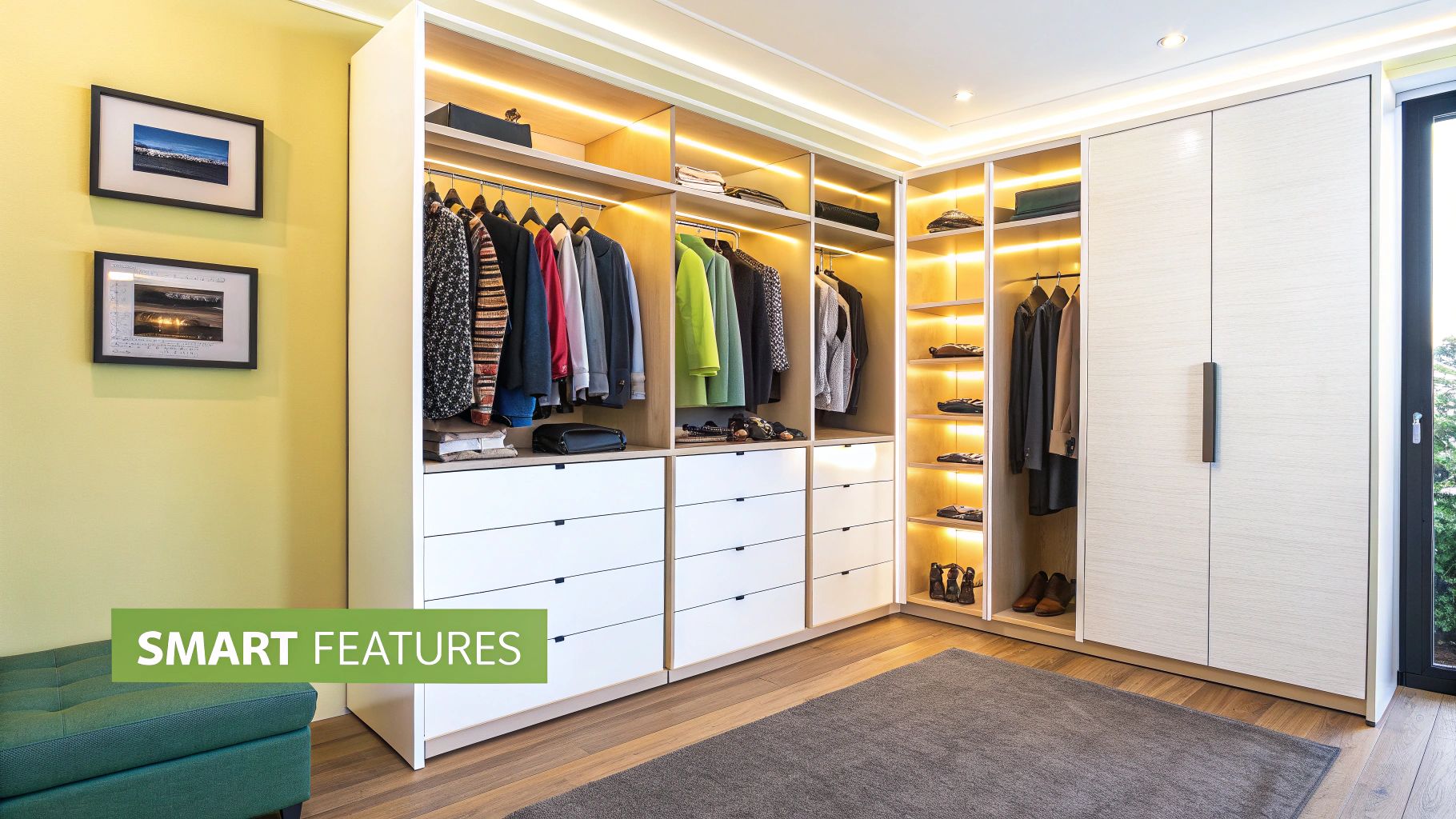 A well-lit built in wardrobe with organised sections and smart features.