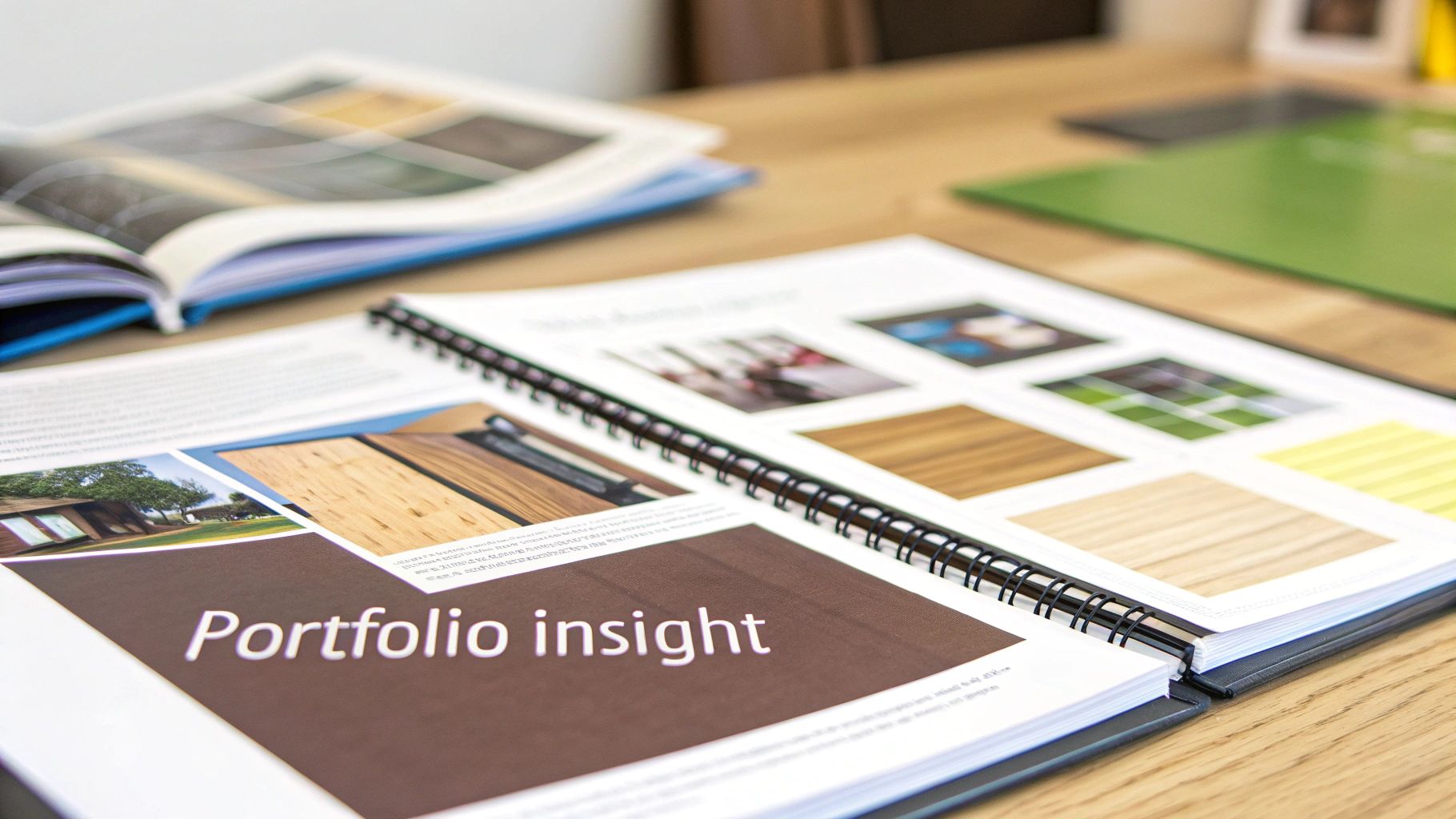 An open interior design portfolio book displaying wood samples and 'Portfolio insight' on a wooden desk.