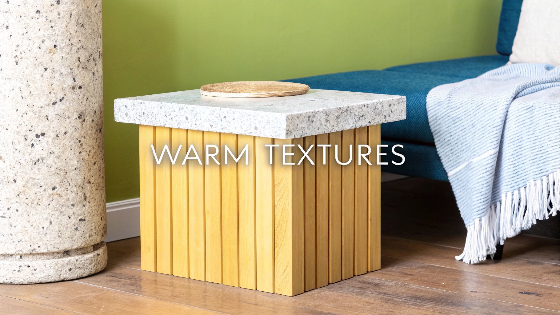 Modern side table with granite top and wooden base next to a textured planter and blue sofa.