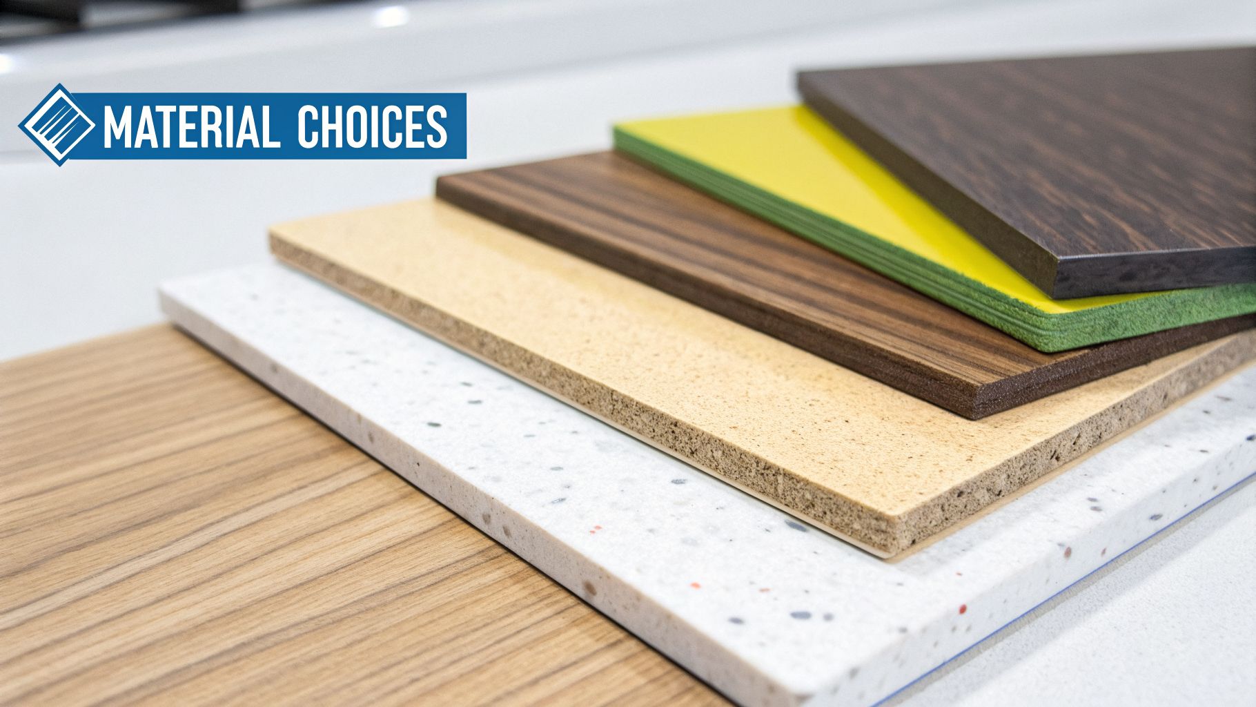 A stack of diverse material samples like wood, laminate, and composite for kitchen carpentry choices.