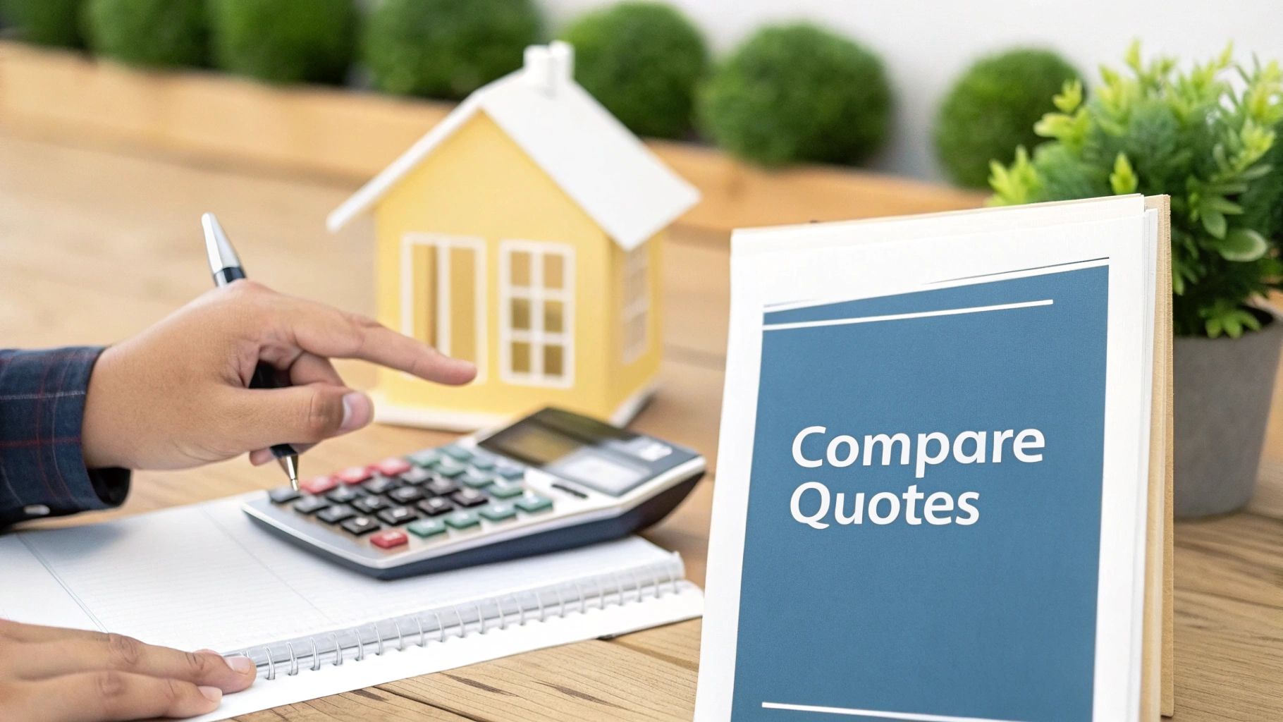 A person sitting at a desk, carefully reviewing and comparing several renovation quotes with a calculator and coffee nearby.