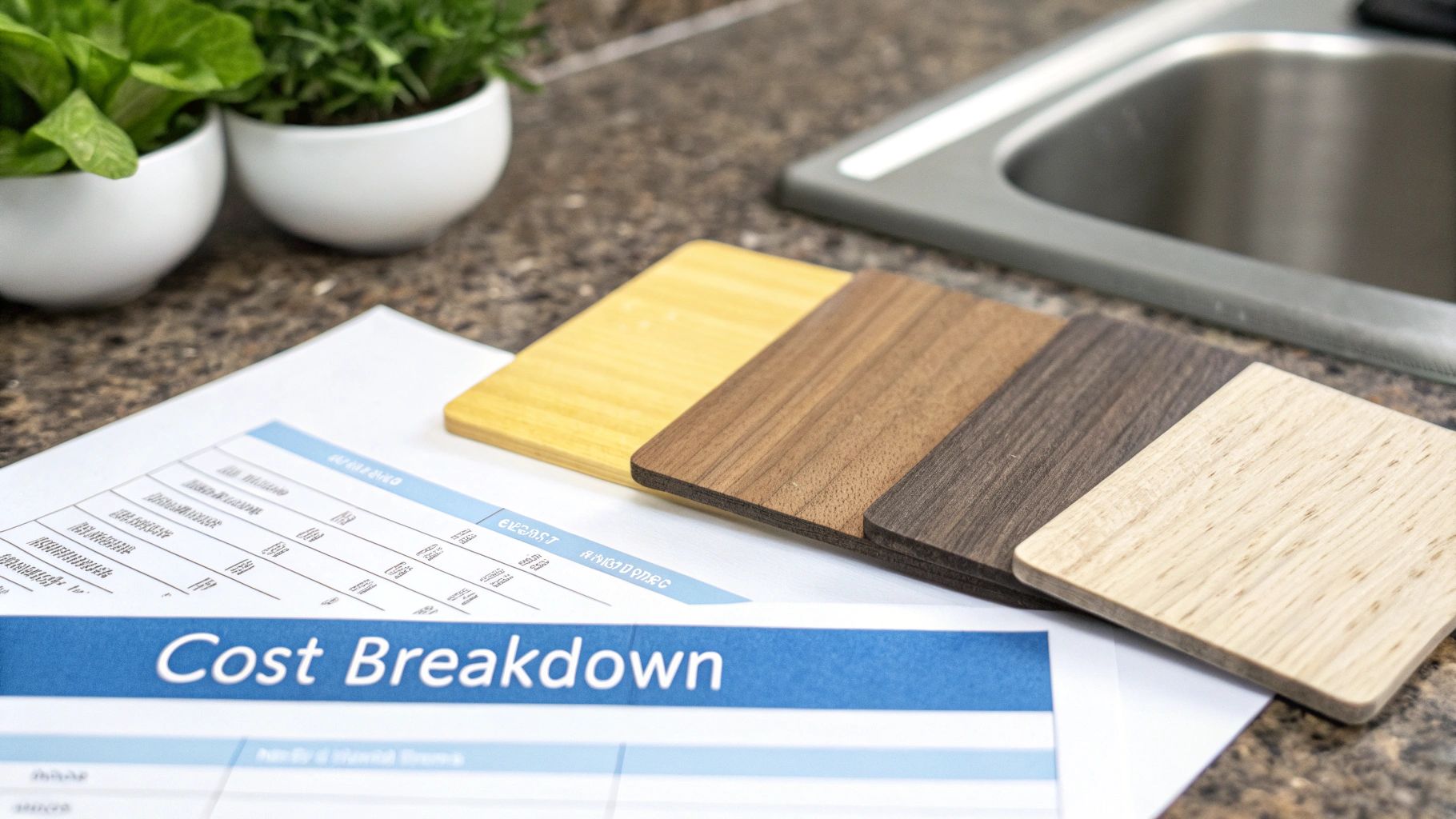 Wood samples for kitchen renovation, cost breakdown sheet, and potted plants on a kitchen countertop.