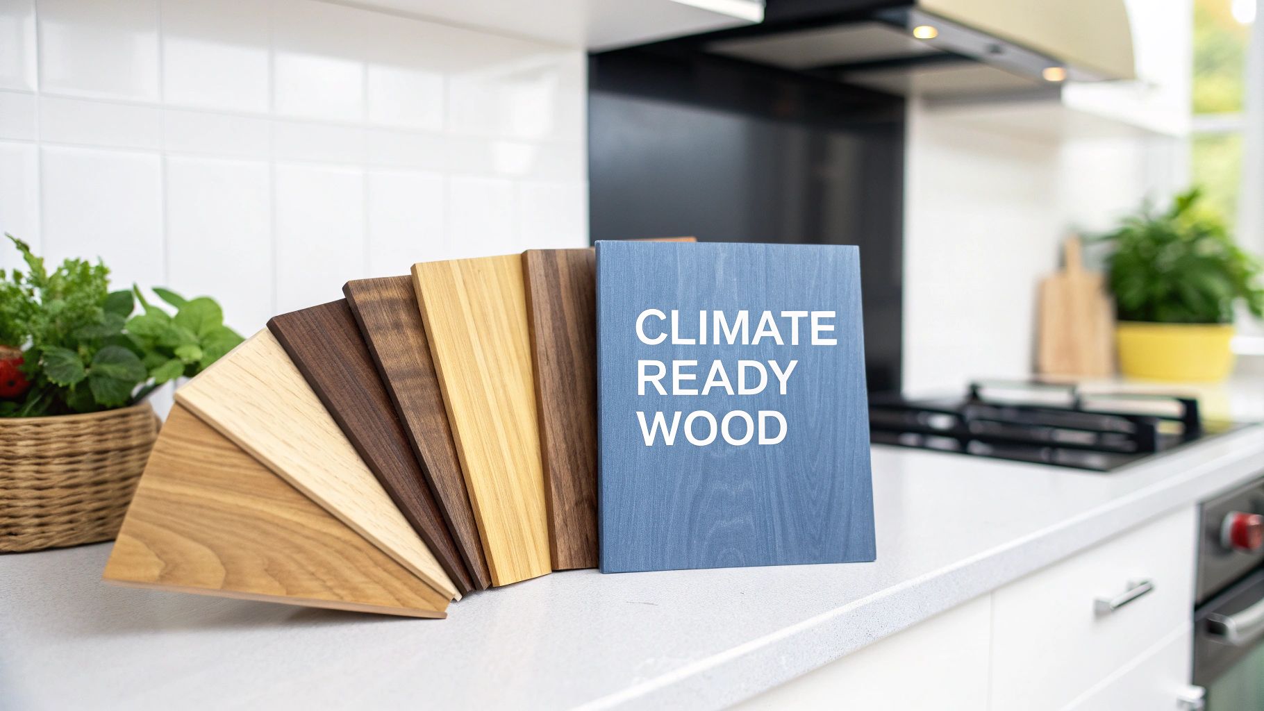 A selection of climate-ready wood samples in different shades displayed on a clean kitchen countertop.