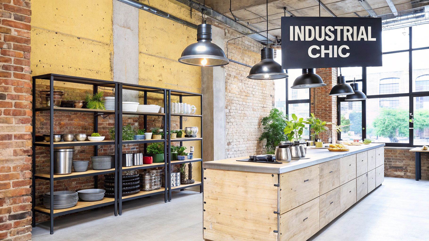 Modern industrial kitchen featuring a wooden island, open shelving, brick walls, and pendant lighting.