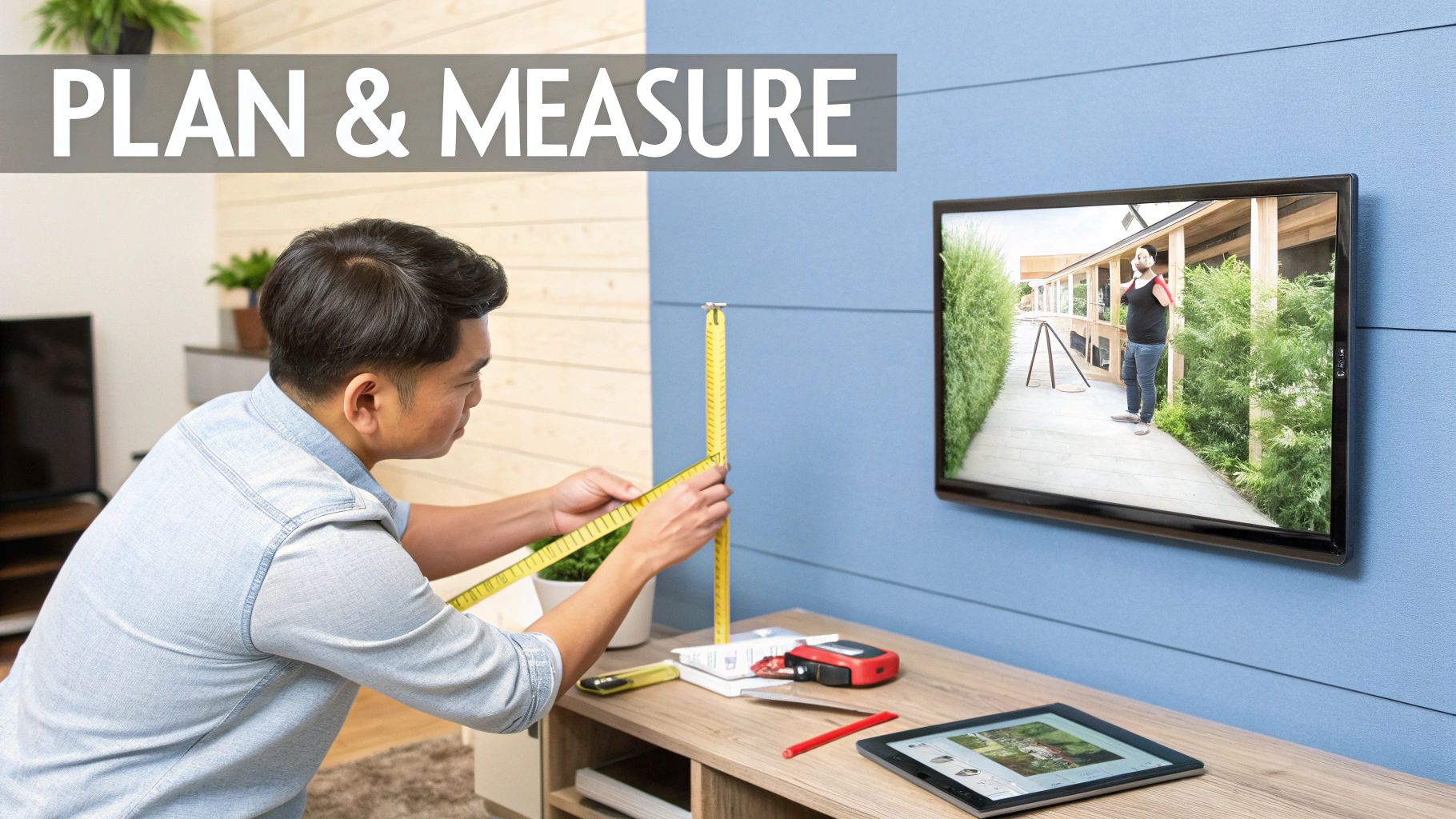 Man measuring on a wooden cabinet below a TV displaying an outdoor scene, with "PLAN & MEASURE" text.