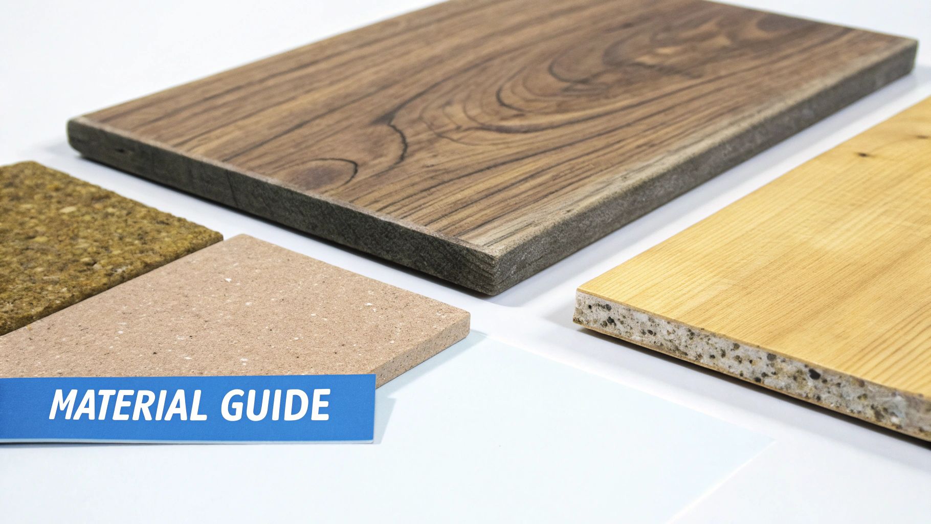 A close-up shot of various material samples including wood, composite, and cork, part of a material guide.
