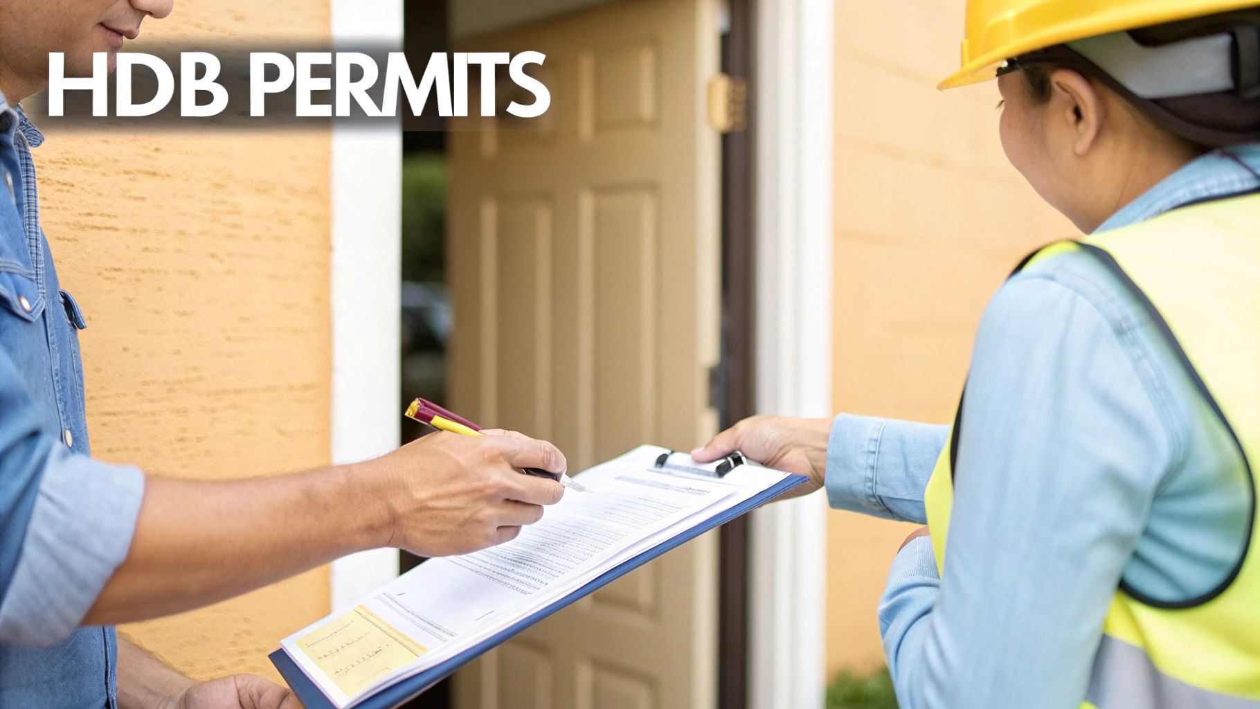 Workers exchanging a clipboard with HDB permits, highlighting renovation and construction documentation.