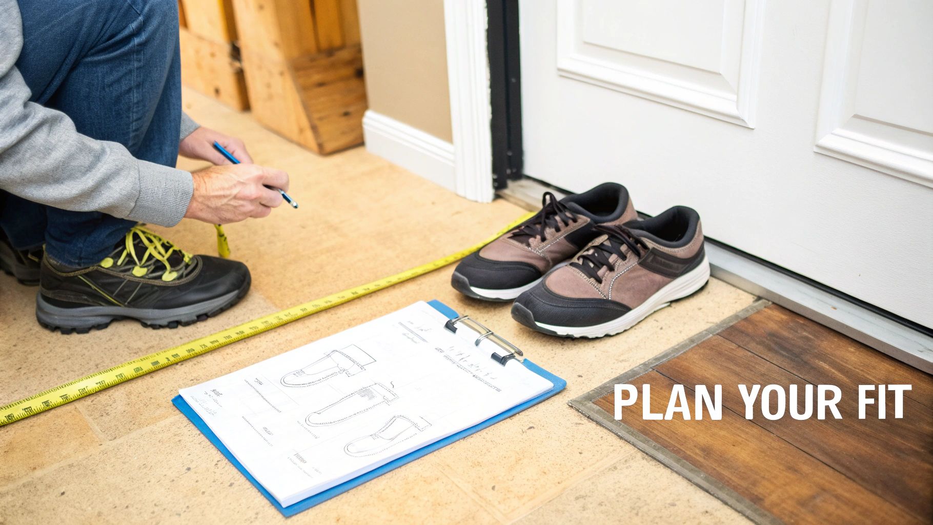 Person measuring floor with tape measure, next to shoe design sketches and athletic shoes, planning for fit.