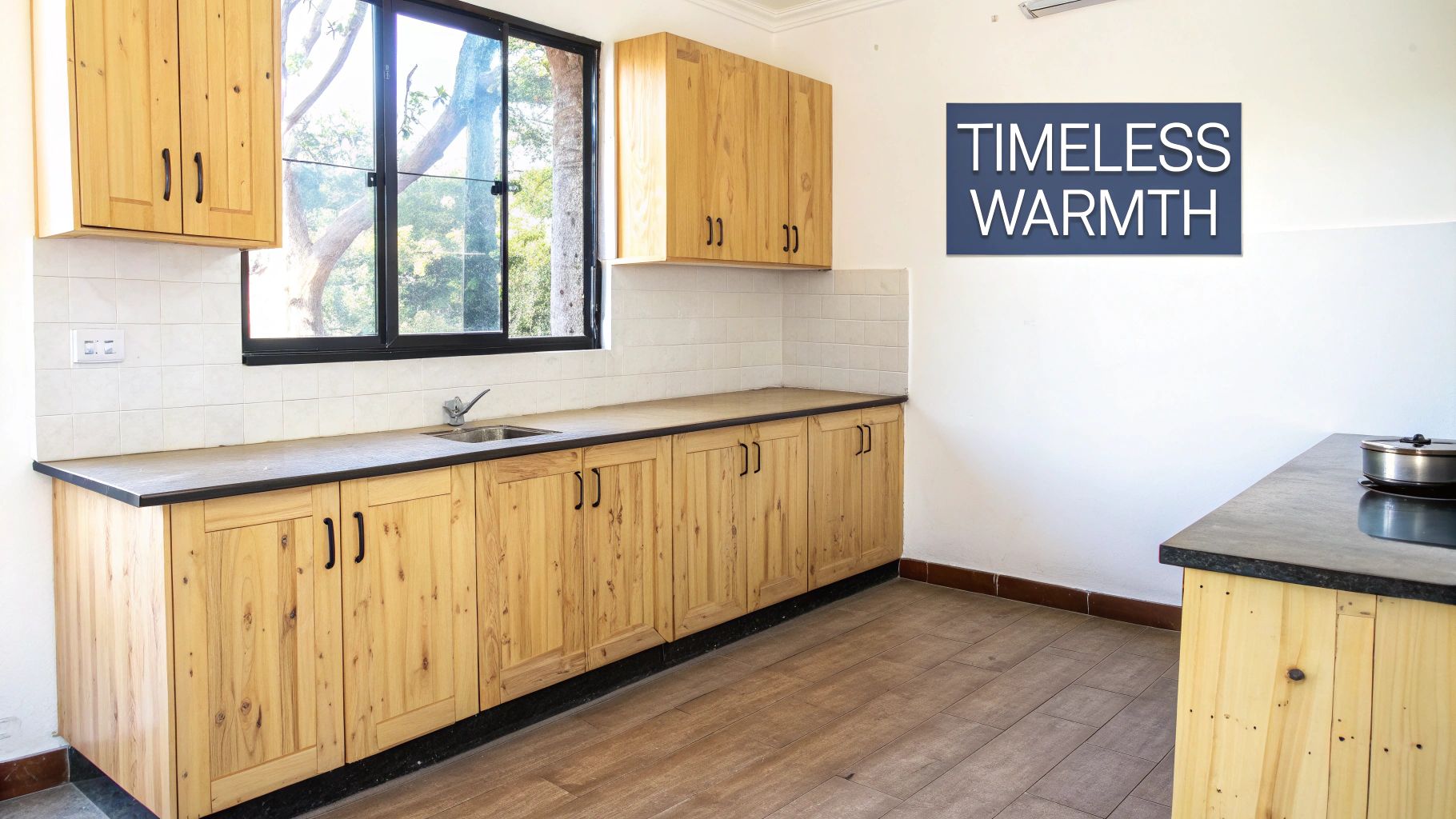 A rustic kitchen featuring light wooden cabinets, dark countertops, a sink, and a large window.