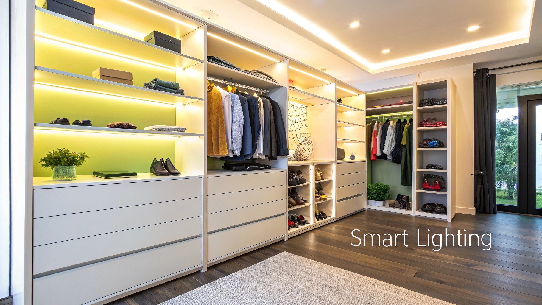 A modern, spacious walk-in wardrobe featuring built-in shelves, hanging clothes, drawers, and smart LED lighting.
