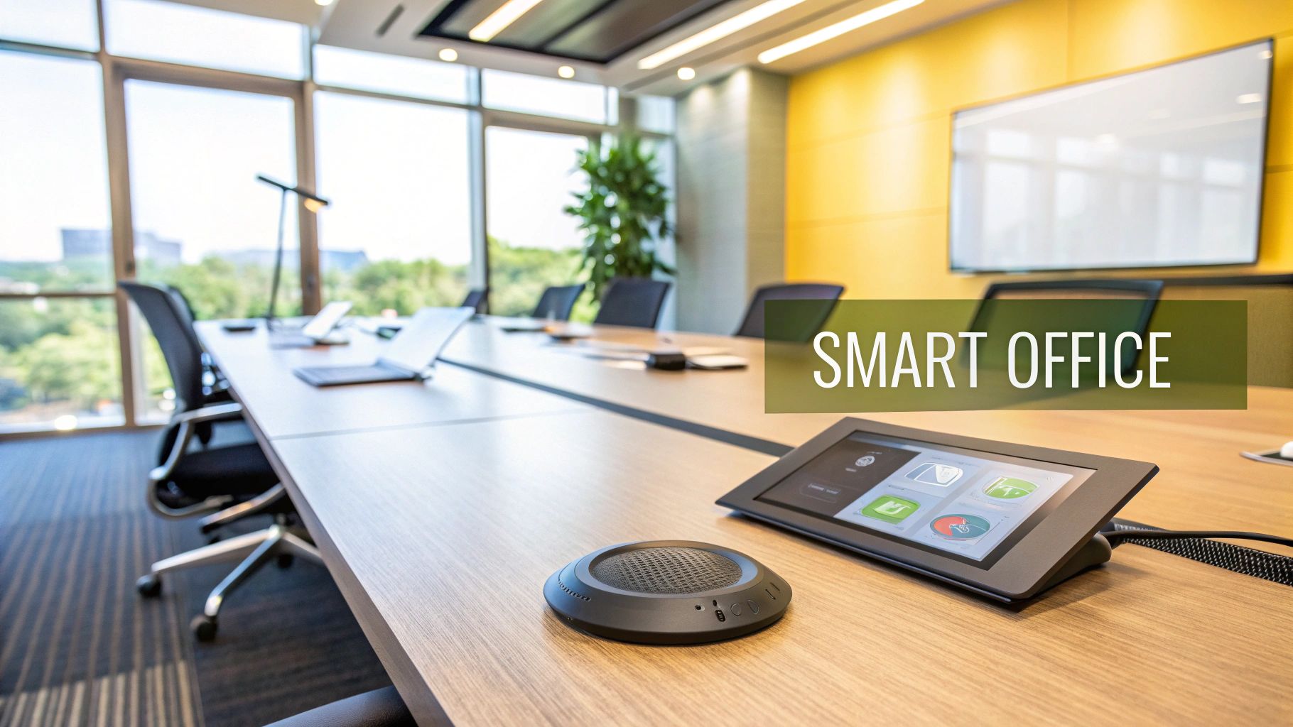 Modern conference room with smart office technology, a long table, chairs, and large windows.