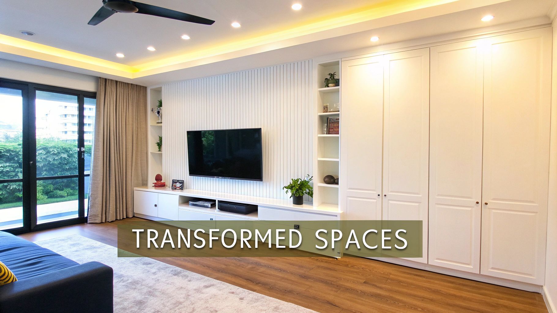 Modern living room with a white paneled TV media wall, built-in shelves, and sleek storage.