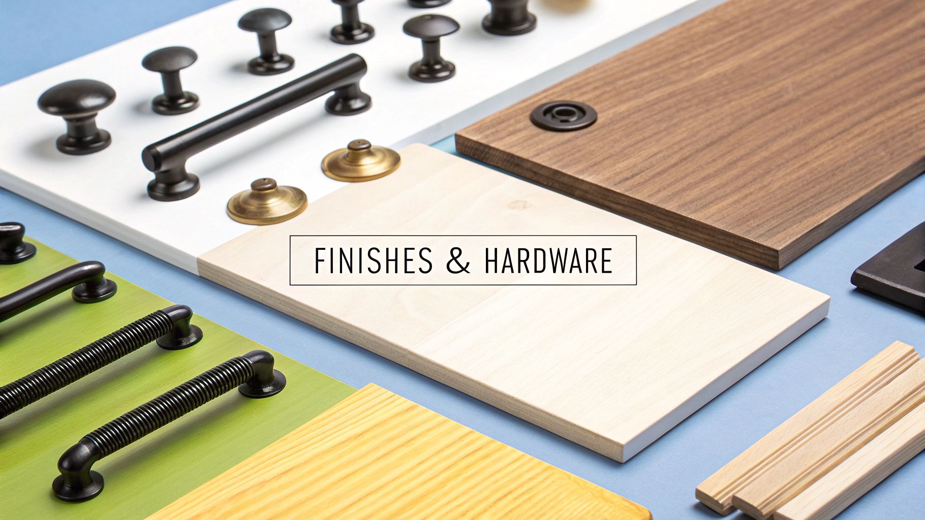 A flat lay showcasing various cabinet hardware and wood finish samples on different color boards.