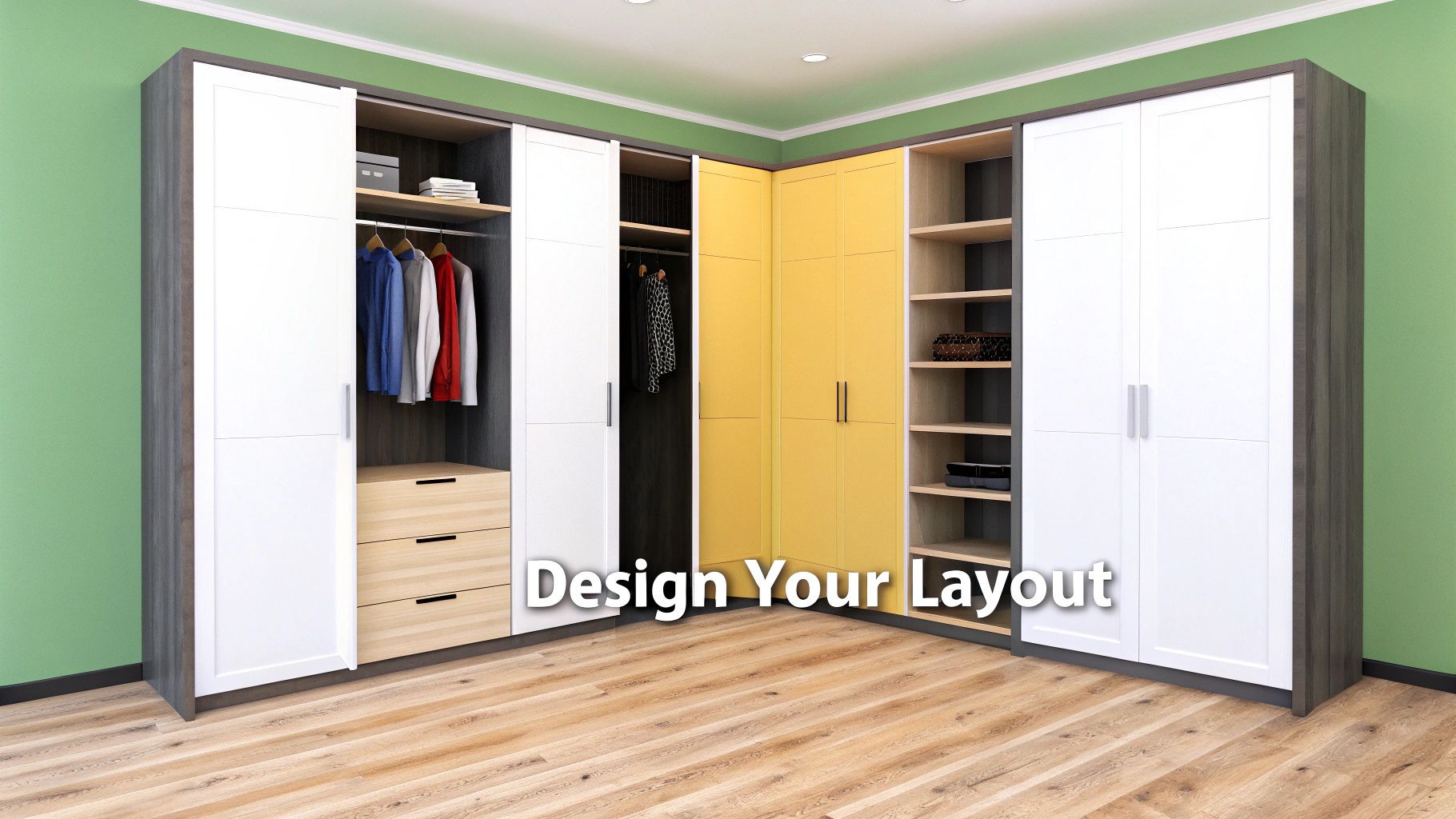 Customizable L-shaped built-in wardrobe system with white, yellow, and wood finishes in a modern room.