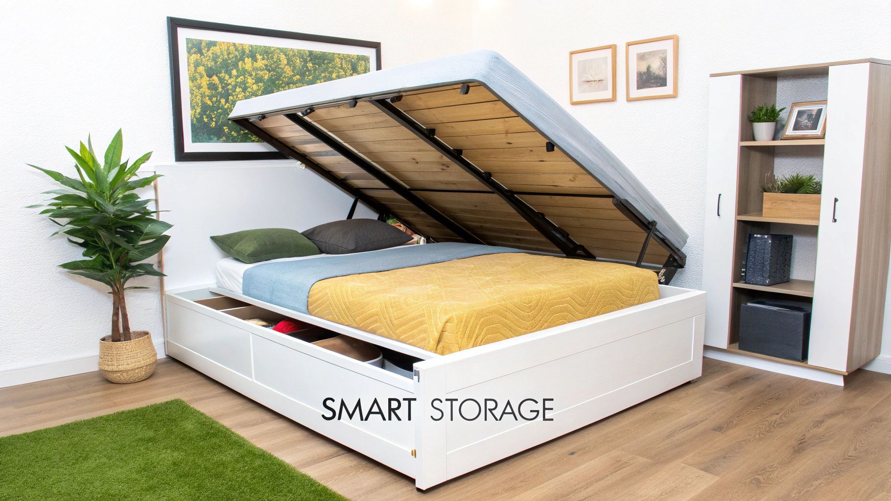 A white storage bed with a lifted mattress revealing under-bed space and open drawers at the foot.