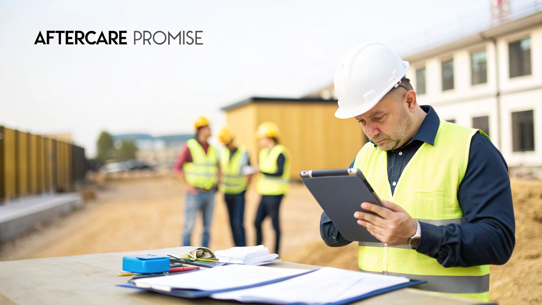 A construction worker in a hard hat and safety vest reviews plans on a tablet at a building site.