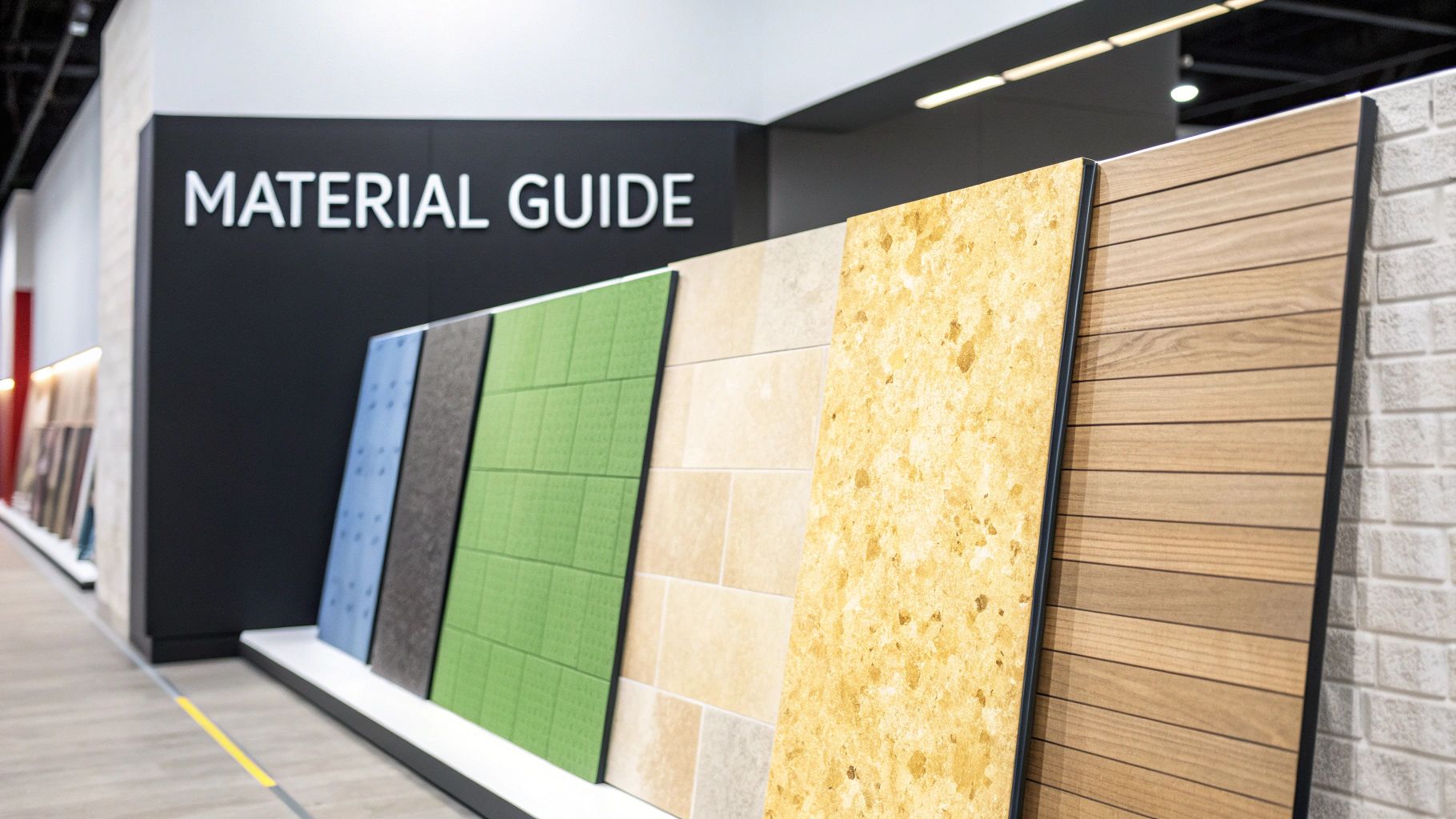 A showroom display of various architectural material samples, including acoustic panels, tiles, stone, and wood, under a 'MATERIAL GUIDE' sign.