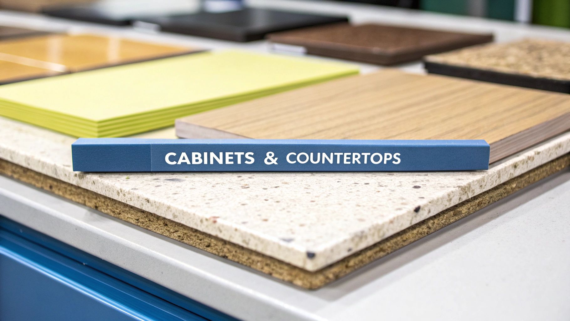 A display of various material samples for cabinets and countertops in different colors and textures.