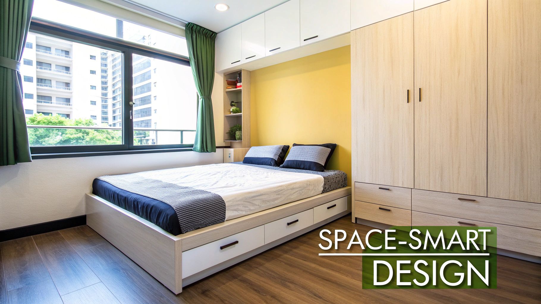 A stylish minimalist bedroom featuring a wooden platform bed with integrated side tables, highlighting its sleek and space-saving design in a Singaporean context.