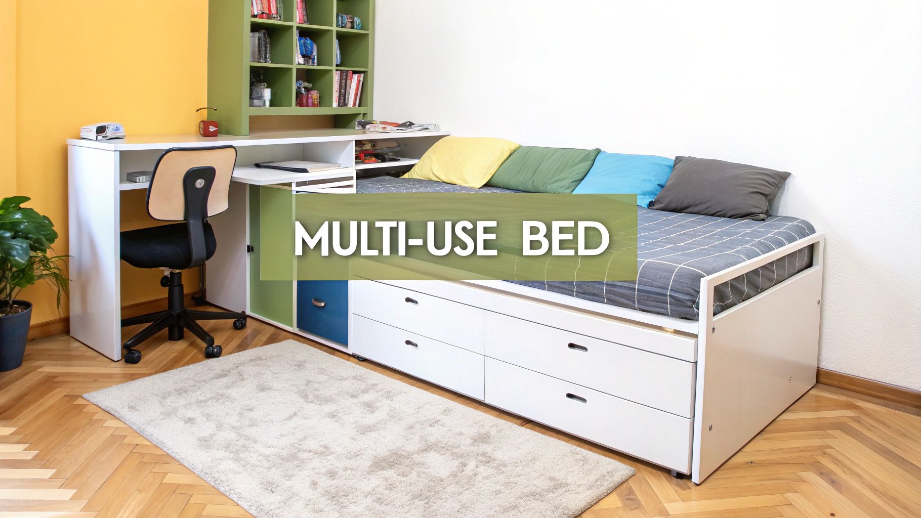 Space-saving multi-use bed with an integrated desk, storage, and bookshelf in a compact bedroom.