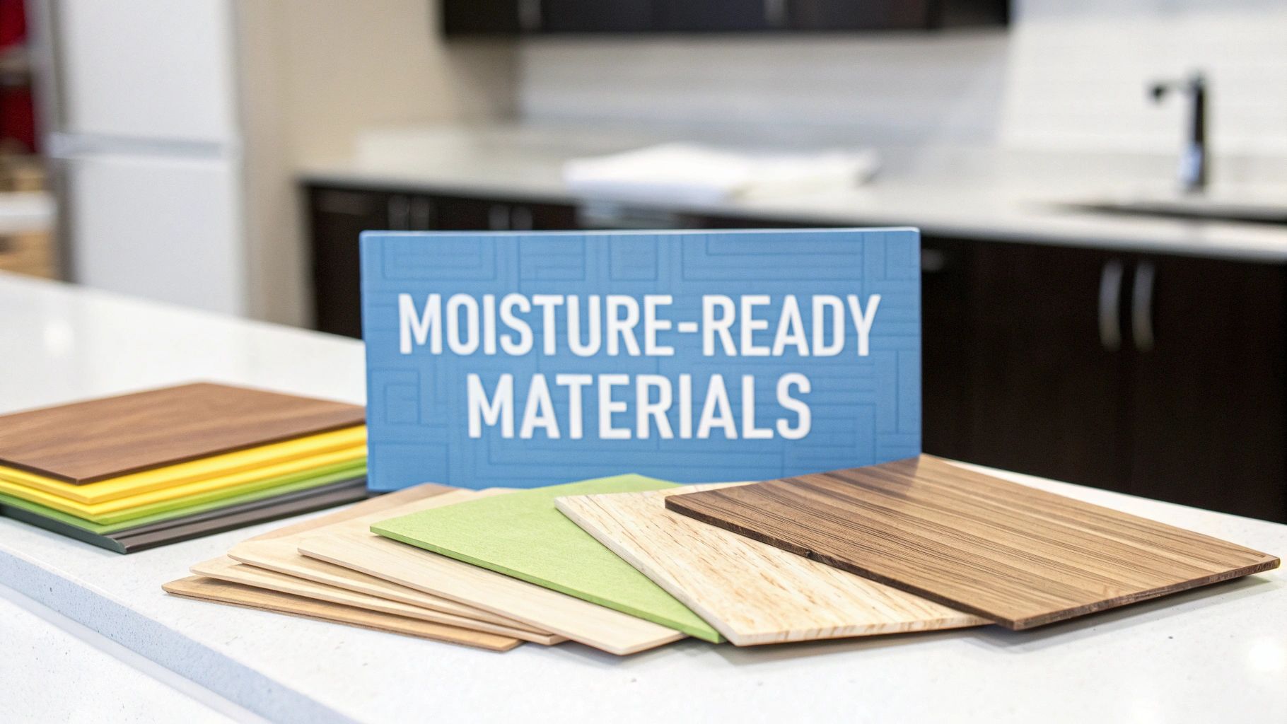 Moisture-ready materials display with colorful laminate and wood veneer samples for kitchen cabinets