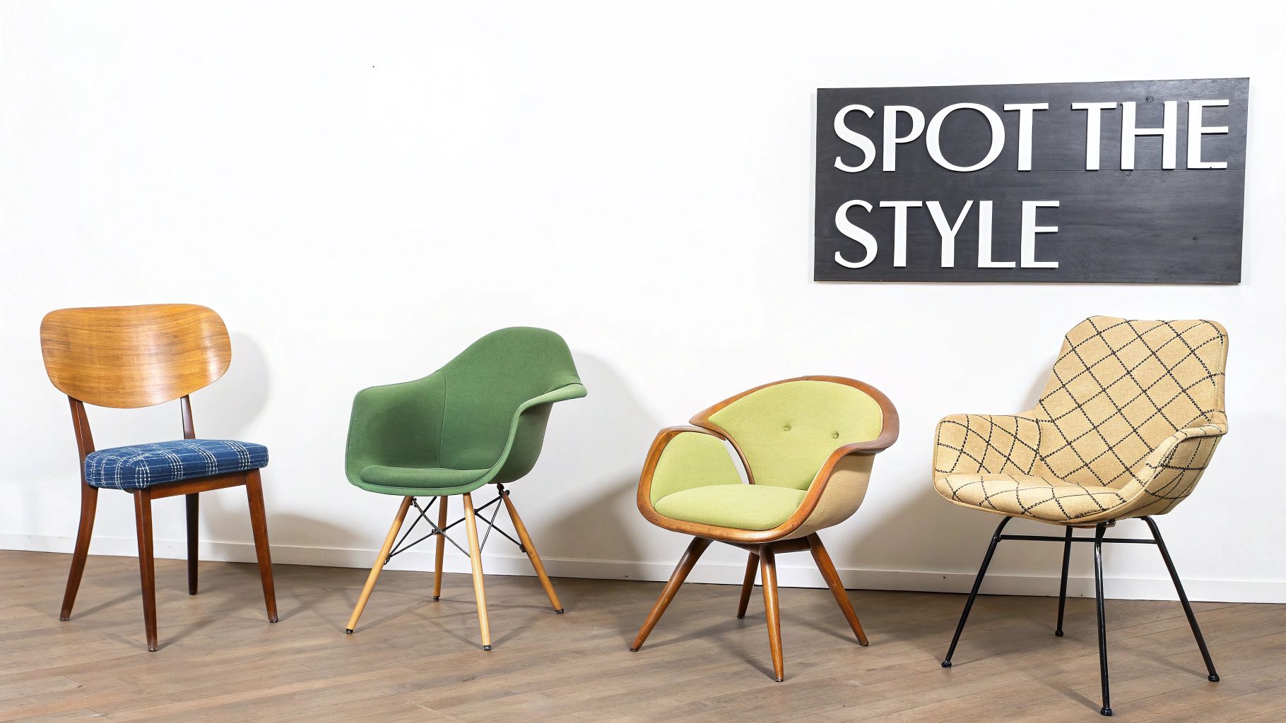Four classic mid-century chairs in various colors and designs, with a 'Spot The Style' sign.