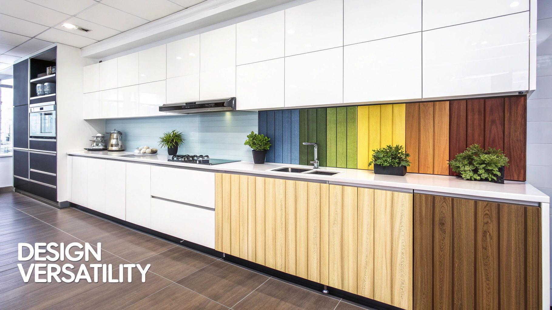 Modern kitchen with white upper cabinets, colorful backsplash, and light wood lower cabinets.