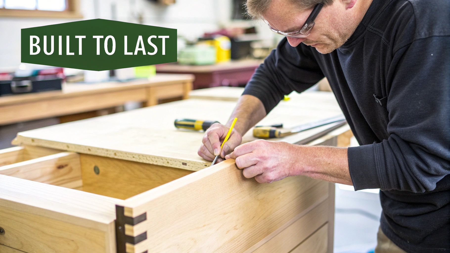 A craftsman in safety glasses precisely marks a wooden cabinet piece with a pencil in a workshop.