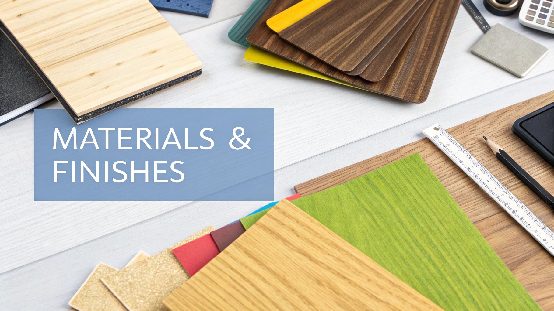 Selection of wood and colorful material samples for interior design and customized furniture.