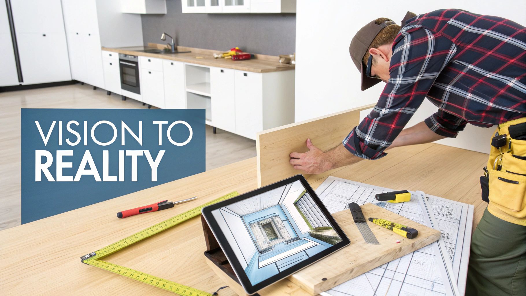 A handyman installs white kitchen cabinets, consulting a tablet with a 3D design on a wooden workbench.