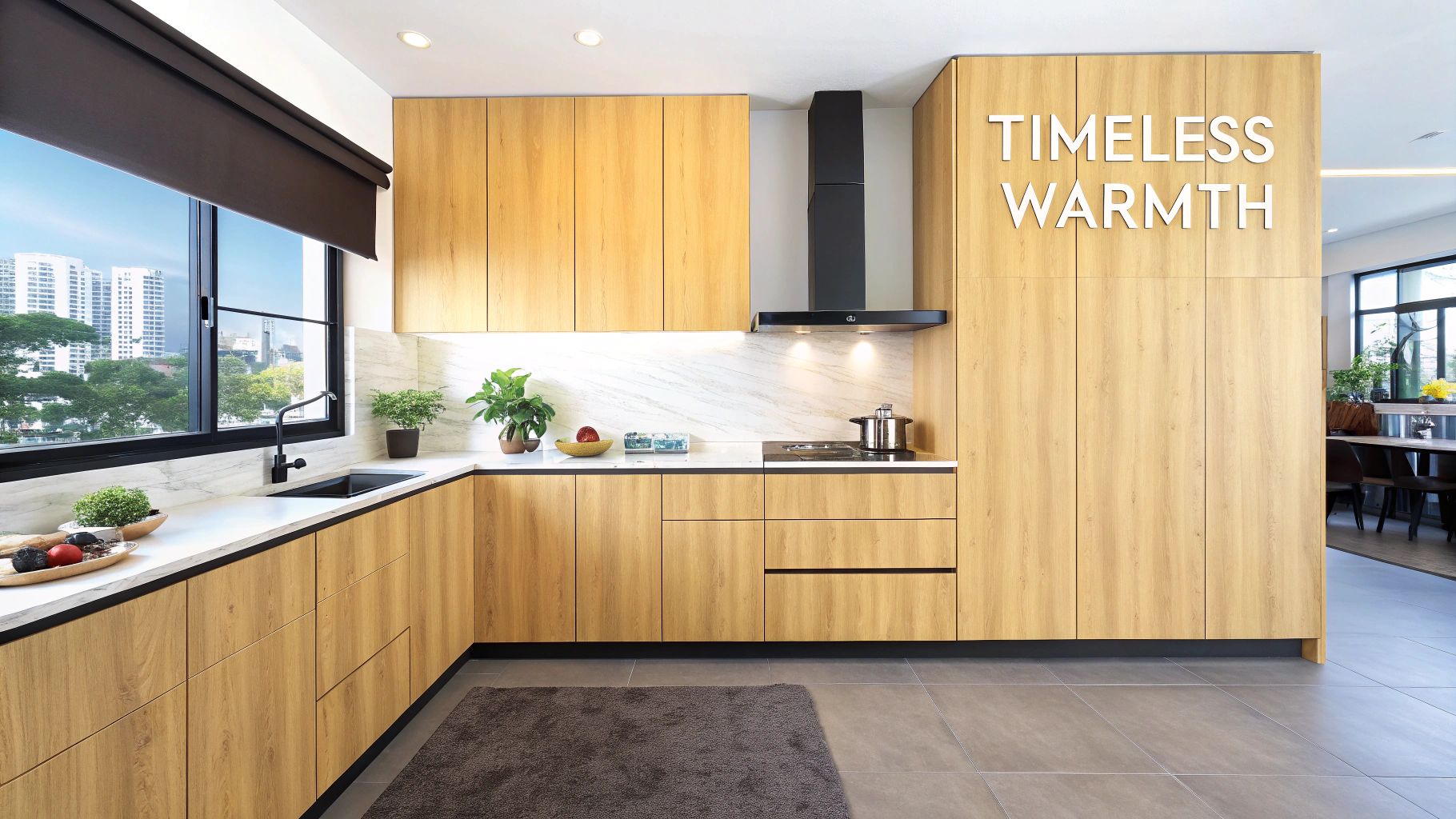A stylish modern kitchen featuring light wooden cabinets, white marble countertops, a black sink, and an outdoor view.