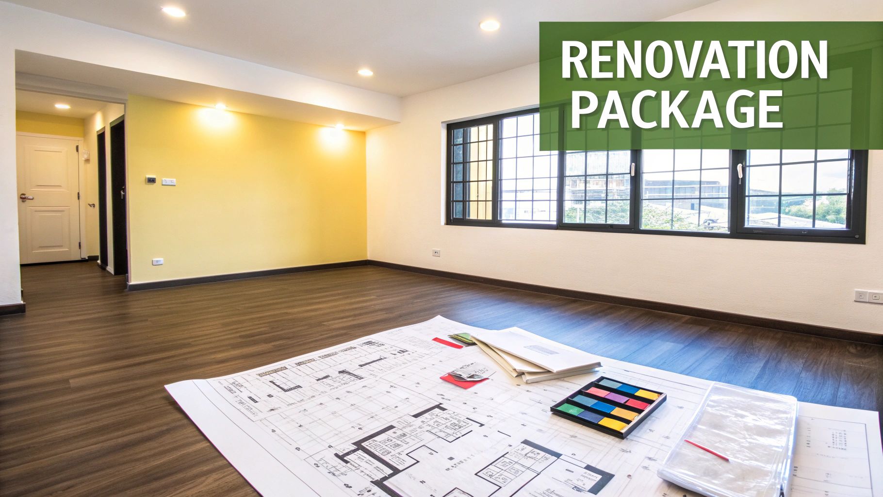 Empty renovated HDB room with wooden flooring, yellow accent wall, and architectural blueprints with color swatches