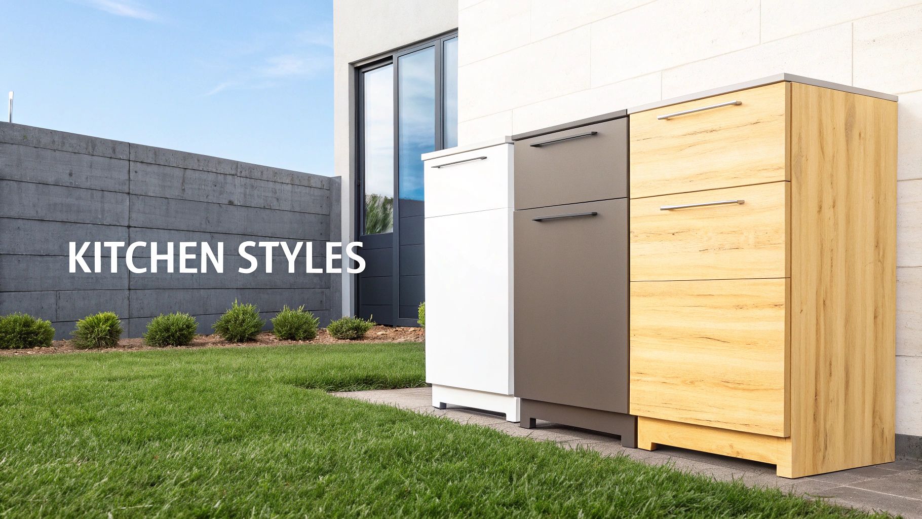 Three modern outdoor kitchen cabinets in white, grey, and light wood against a building wall.