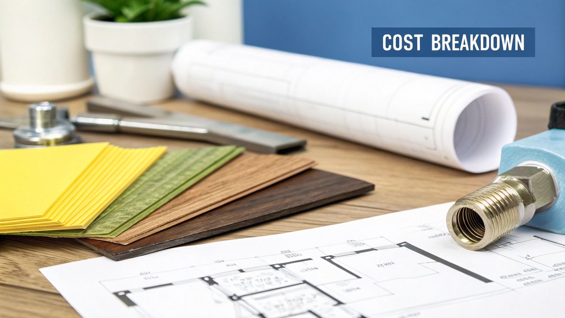 Flat lay of blueprints, material samples, and construction tools with 'COST BREAKDOWN' text.