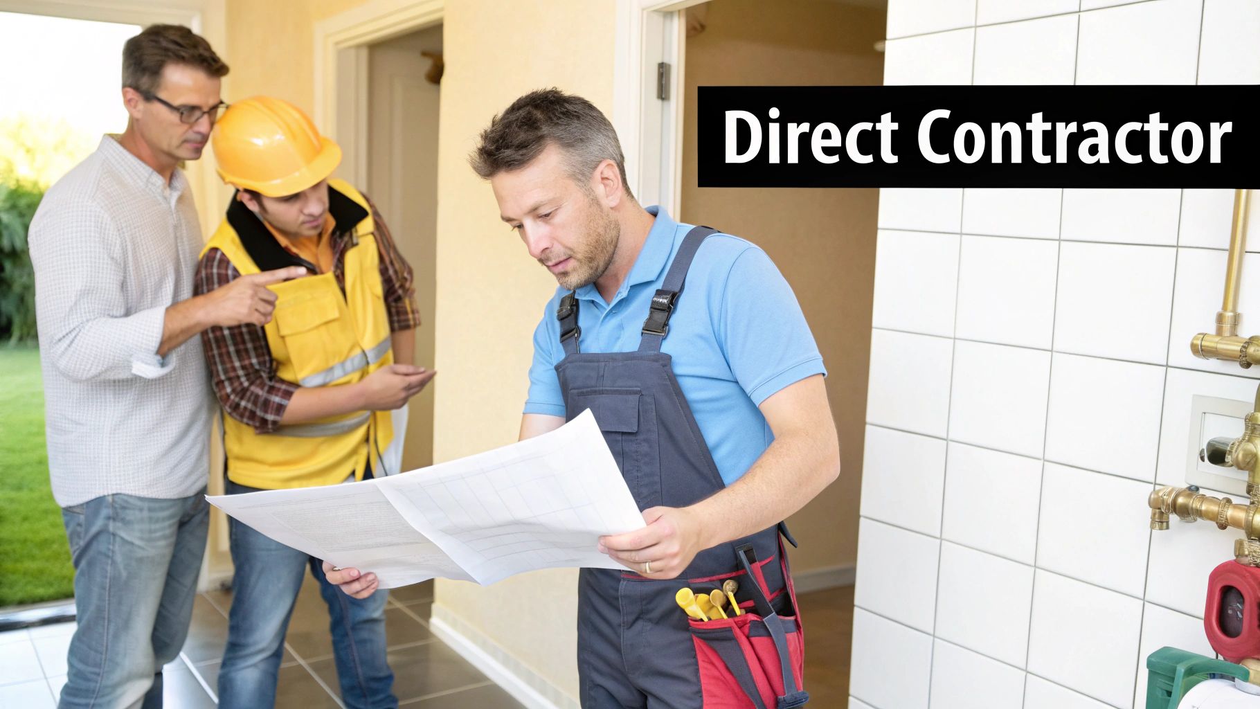 A homeowner and two contractors discuss construction plans and blueprints for a home renovation project.