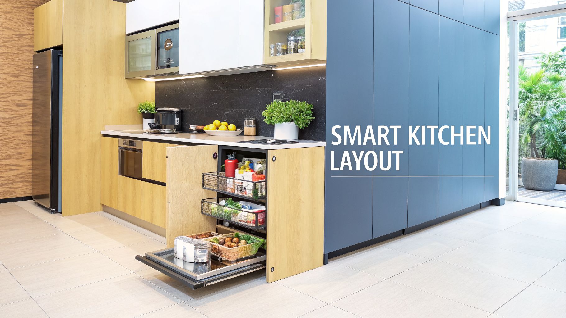 A modern smart kitchen layout featuring light wood and blue carpentry with organized pull-out storage.