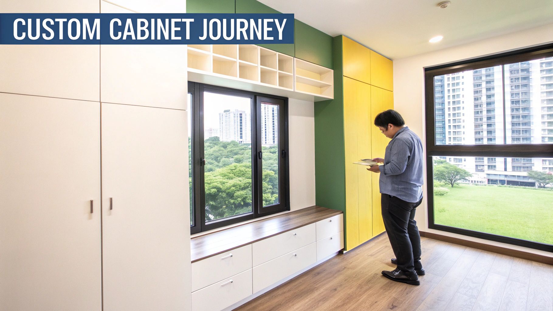A man in a modern room with custom white and yellow cabinets, overlooking a cityscape.
