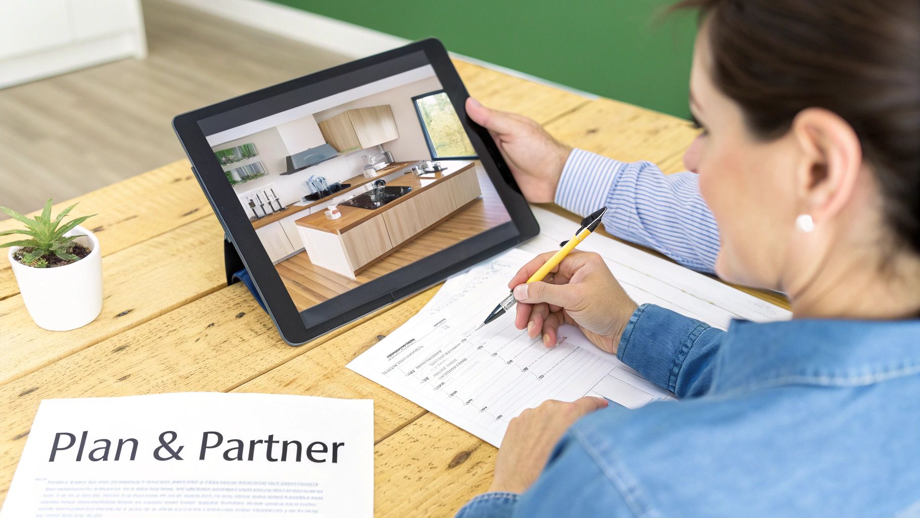 Professionals reviewing modern kitchen renovation plans on a tablet, with one person taking notes.
