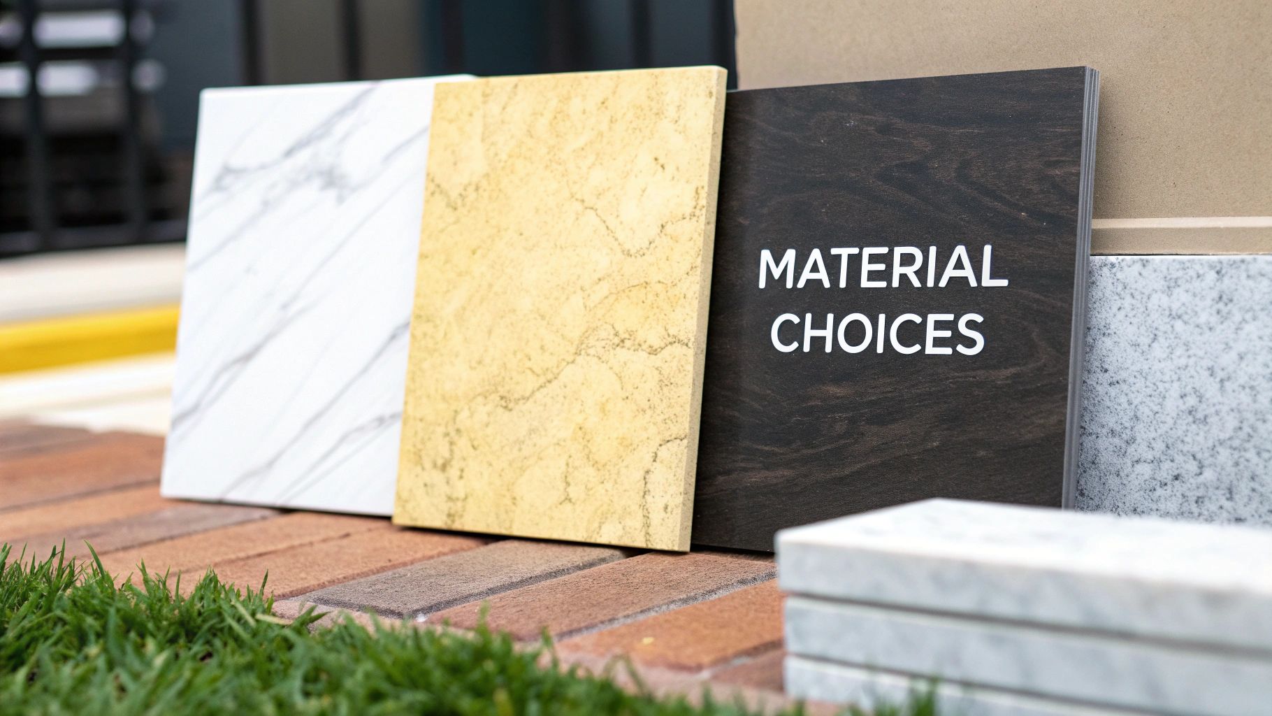Various material samples including white marble, yellow stone, and dark wood with 'MATERIAL CHOICES' text.