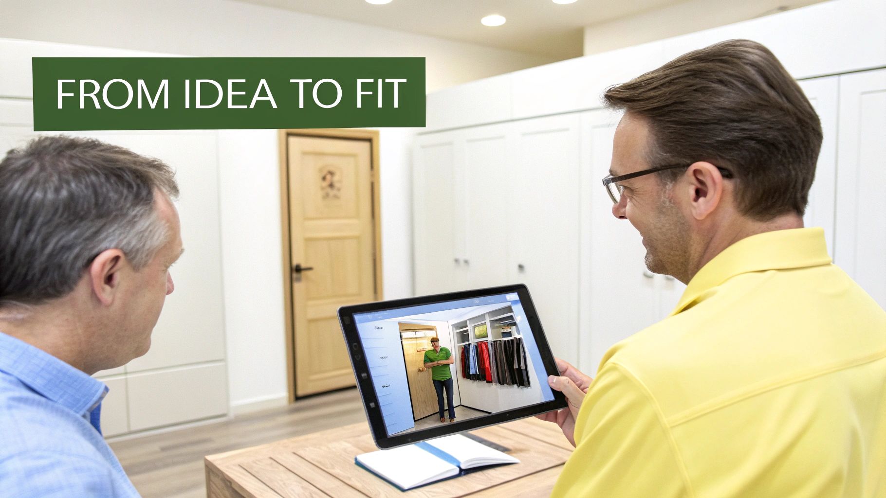 Two men review a 3D custom wardrobe design on a tablet, symbolizing 'From Idea to Fit'.