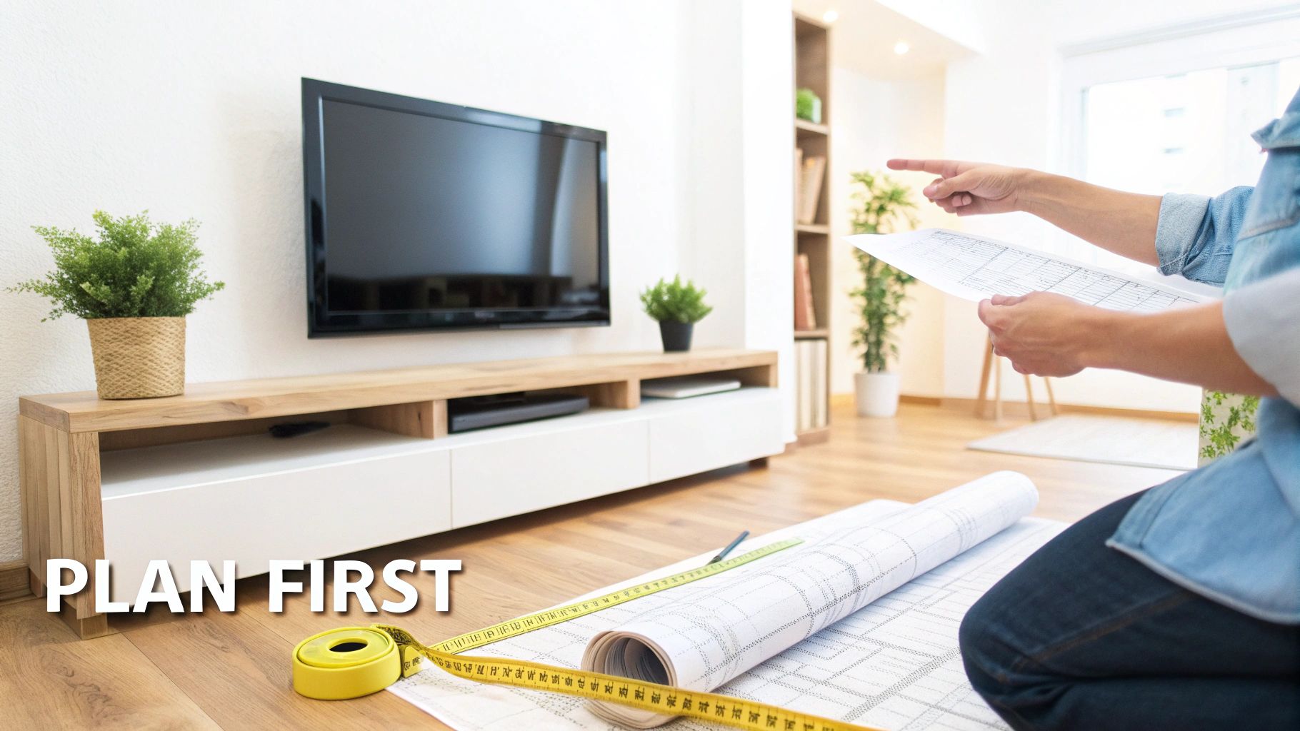 A modern TV feature wall with integrated lighting and storage.